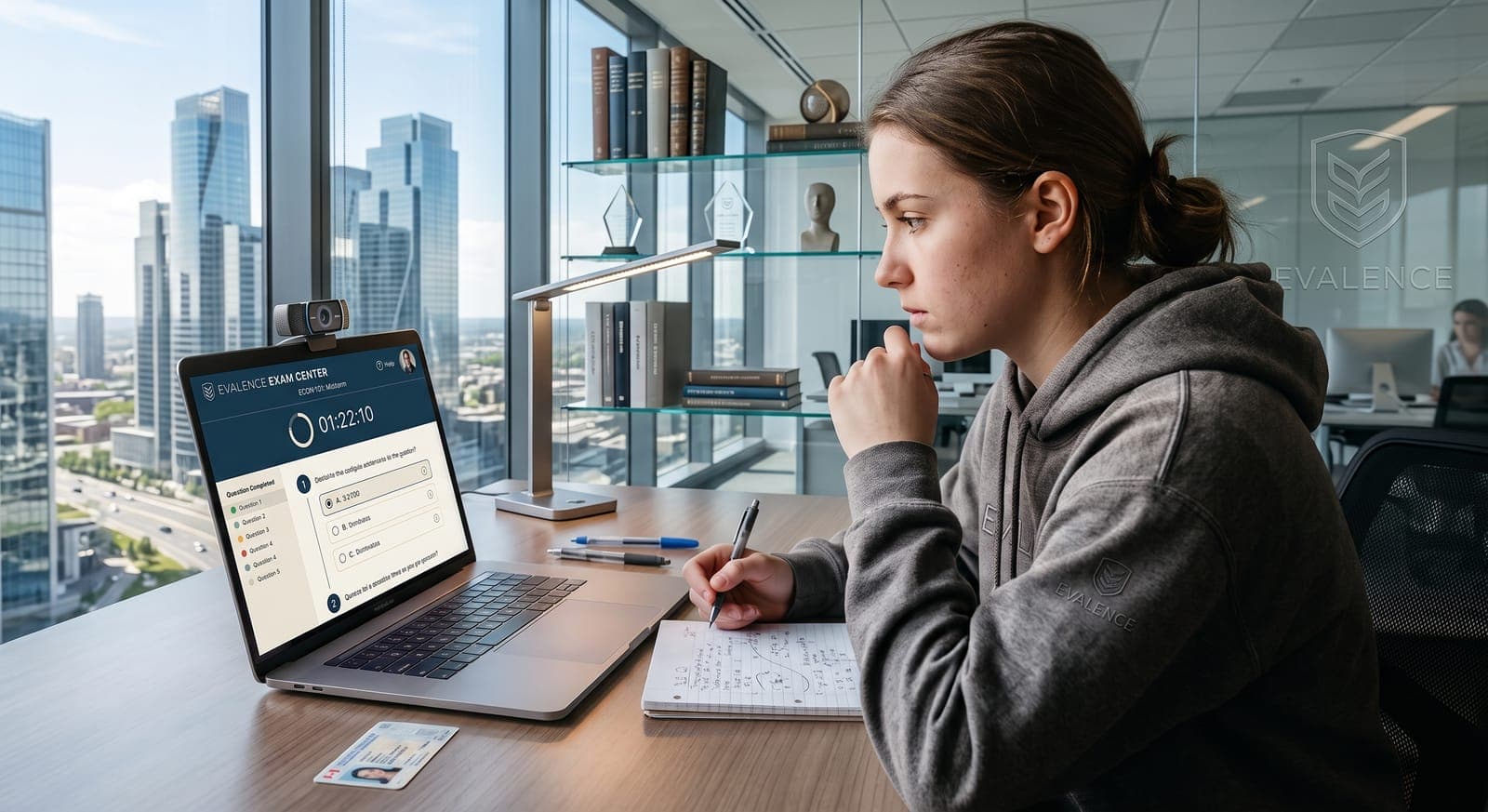 A candidate sitting a proctored online exam, working at a laptop with a webcam and photo ID on the desk